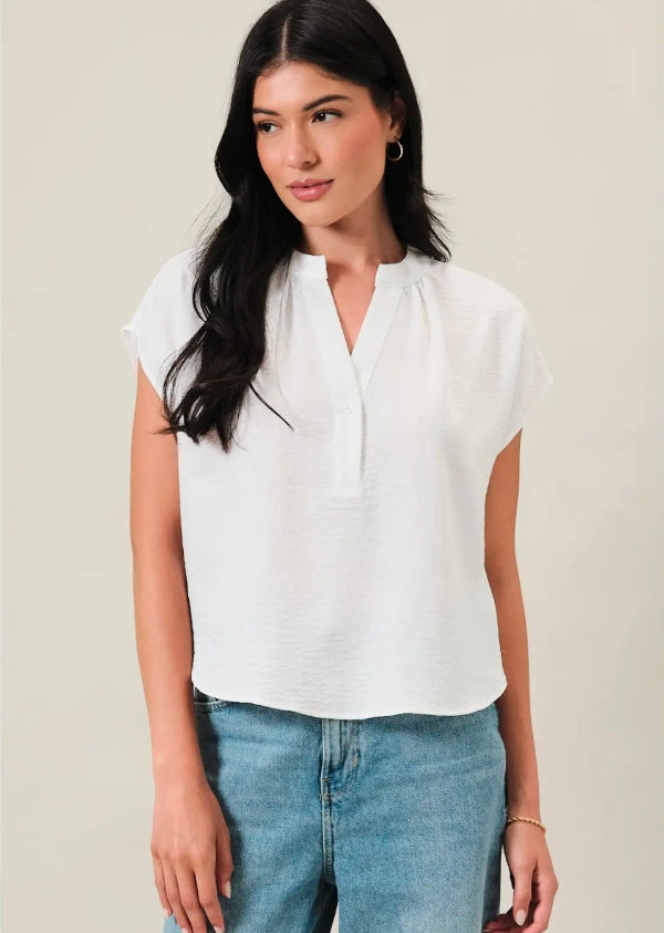 Henley Neck Short Cap Sleeve Blouse Top