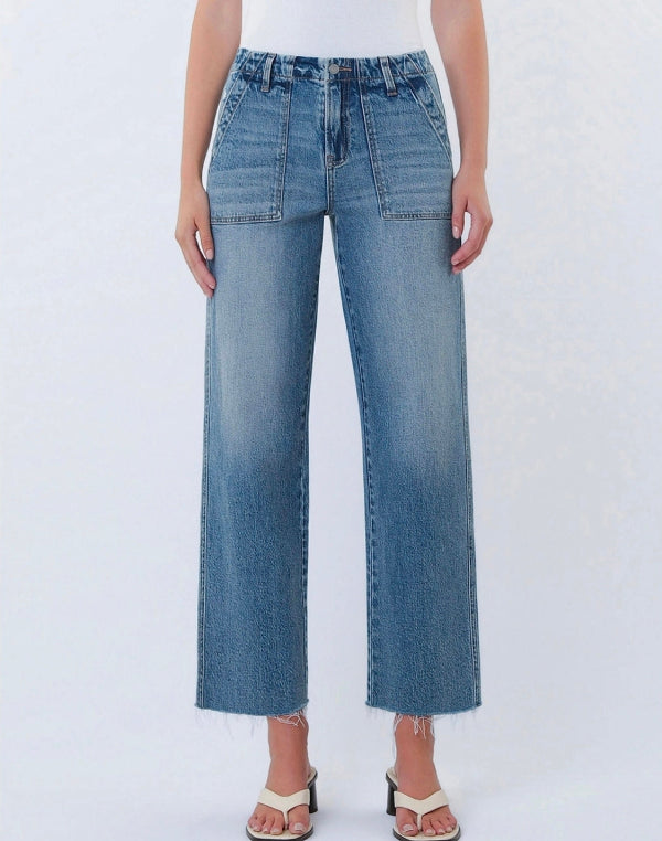HIGH RISE PATCH POCKET SLIM WIDE JEANS