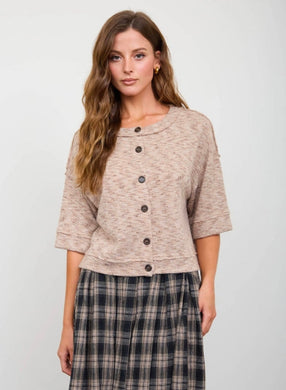 Marled Button Down Short Sleeve Raw Edge Knit Top